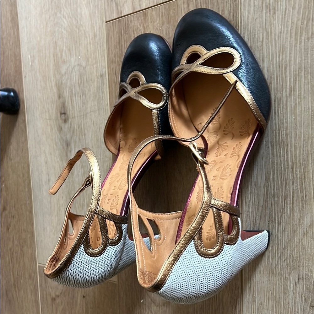 Chie Mihara Black and Gold Heels